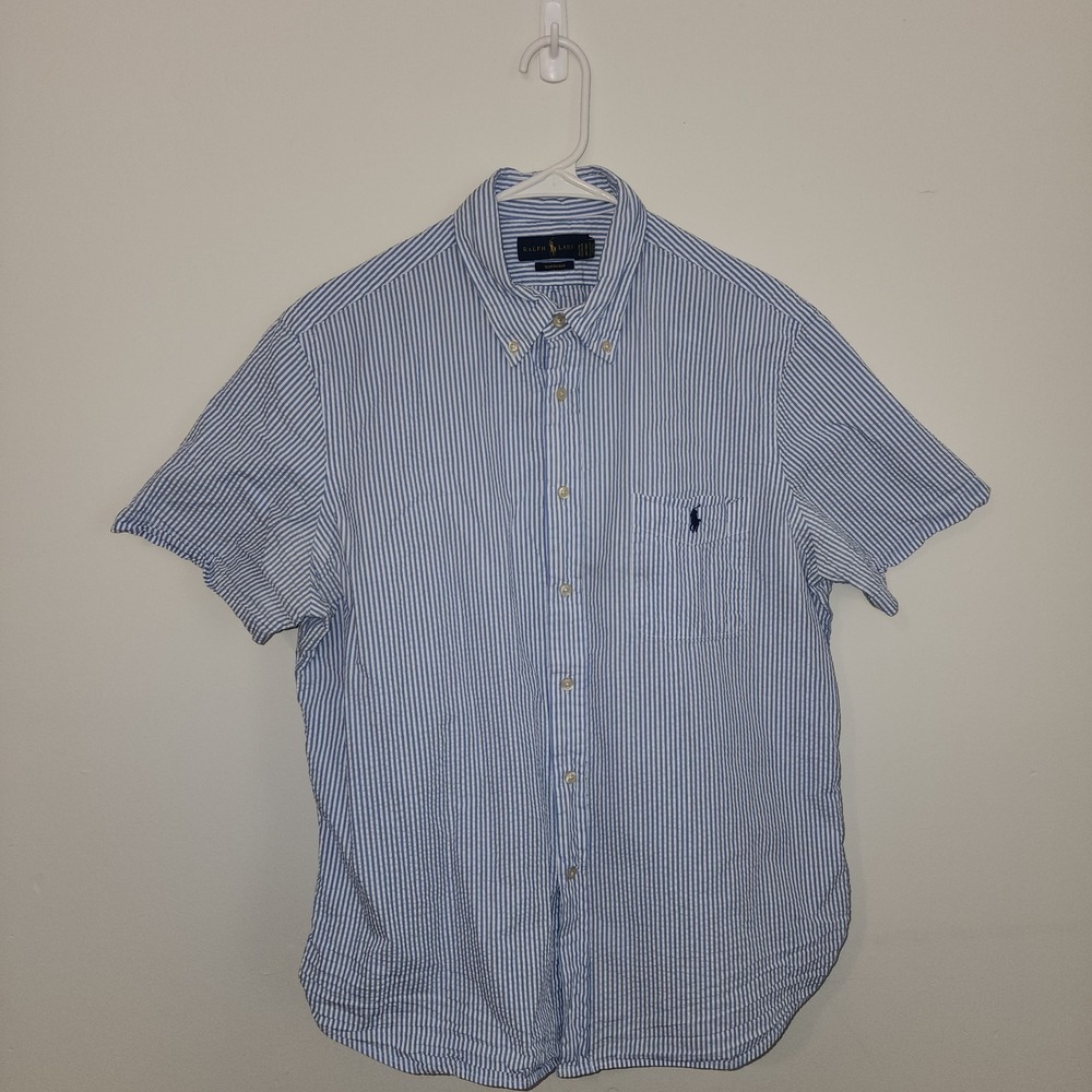 Ralph Lauren Mens Blue White Striped Seersucker Short Sleeve Button Down Shirt L